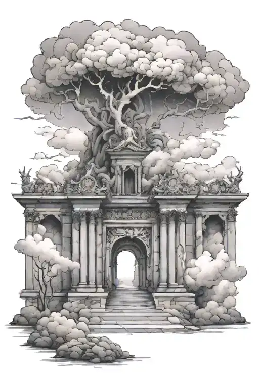 I want a sleeve on my arm where clouds come out, the gates of heaven and a father climbing up with his daughter tattoo design idea