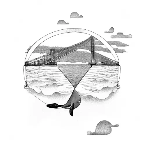 cable bridge on the ocean. car passing. whales flying in background tattoo design idea