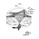 cable bridge on the ocean. car passing. whales flying in background tattoo design idea