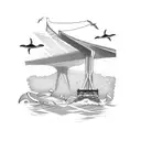 cable bridge on the ocean. car passing. whales flying in background tattoo design idea