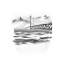 cable bridge on the ocean. car passing. whales flying in background tattoo design idea