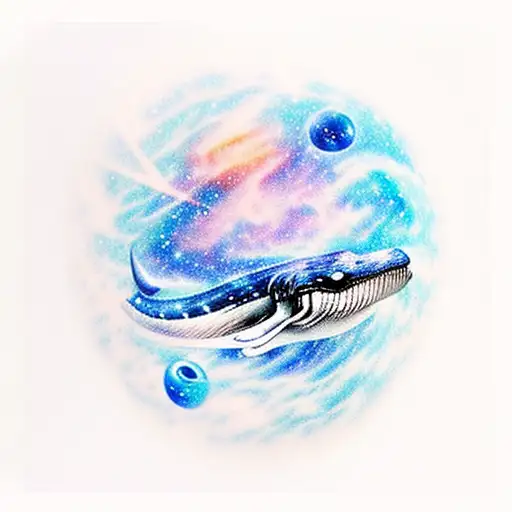 blue Whale swimming through a galaxy with constellations and Saturn tattoo design idea