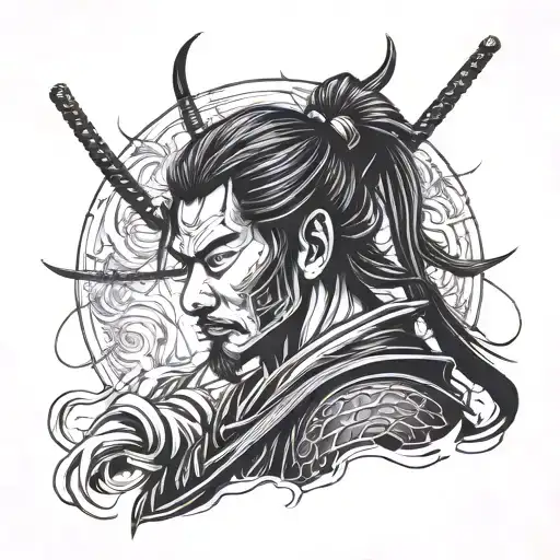 samurai face with ropes and background  tattoo design idea