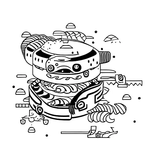 A machine operator surrounded by sushi-themed machinery tattoo design idea