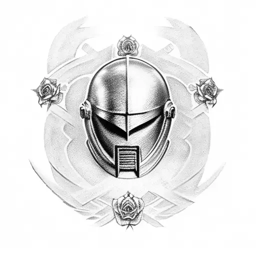 spartan helmet with shield, roses  and cross of life tattoo design idea