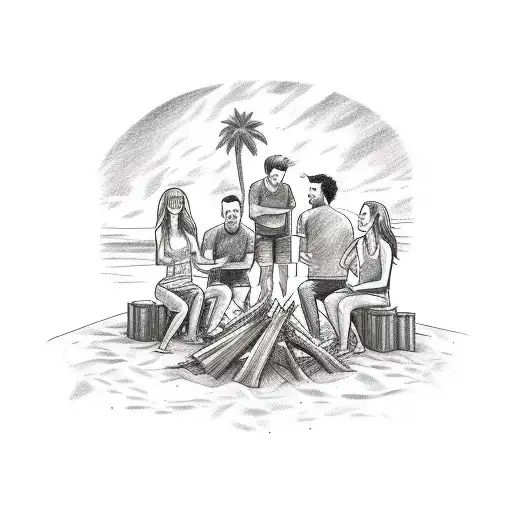 A sketch style tattoo of a group of friends sitting around a bonfire on a Florida beach, with palm trees in the background tattoo design idea