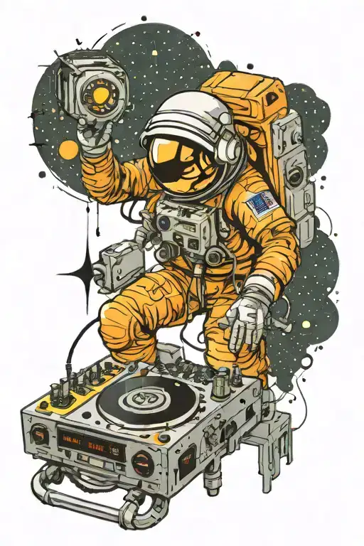 astronaut DJing on CDJ's with space elements in the background tattoo design idea