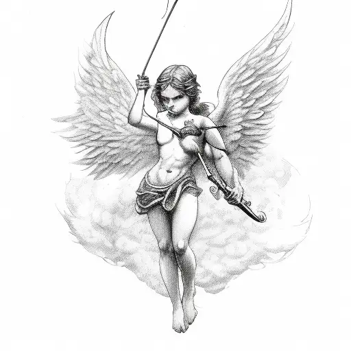 cupid with half body angel and half body demon tattoo design idea