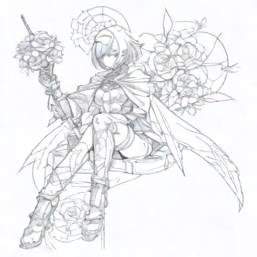 Nier automata 2B silouette with lunar tear flower blindfold tattoo design idea