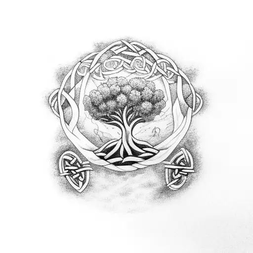 A Celtic tree of life with thunderstorms brewing in the background tattoo design idea
