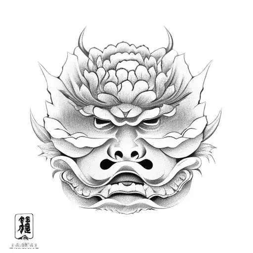 japanese oni mask with peony flower  tattoo design idea