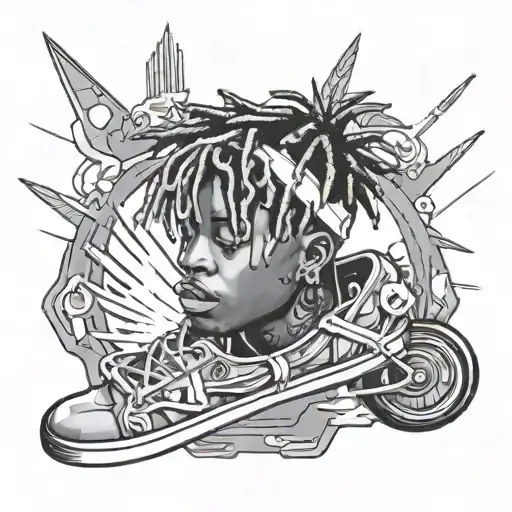 Create a tattoo of Juice WRLD's portrait with elements of BMX and skating intertwined in the background tattoo design idea