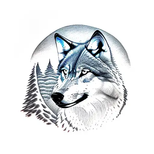 single wolf in river with forest and mountain background tattoo design idea