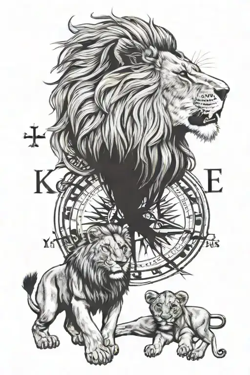 Lion & lion cub faces below that a compass pointing to South East. and roman numerals in the date 04-04-2018 tattoo design idea