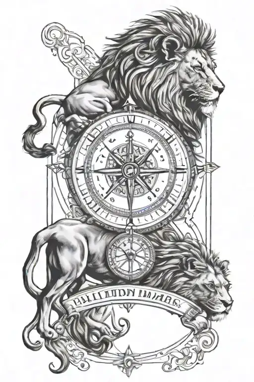 male Lion & lion cub below that a compass pointing to South East. and roman numerals in the date 04-04-2018 tattoo design idea