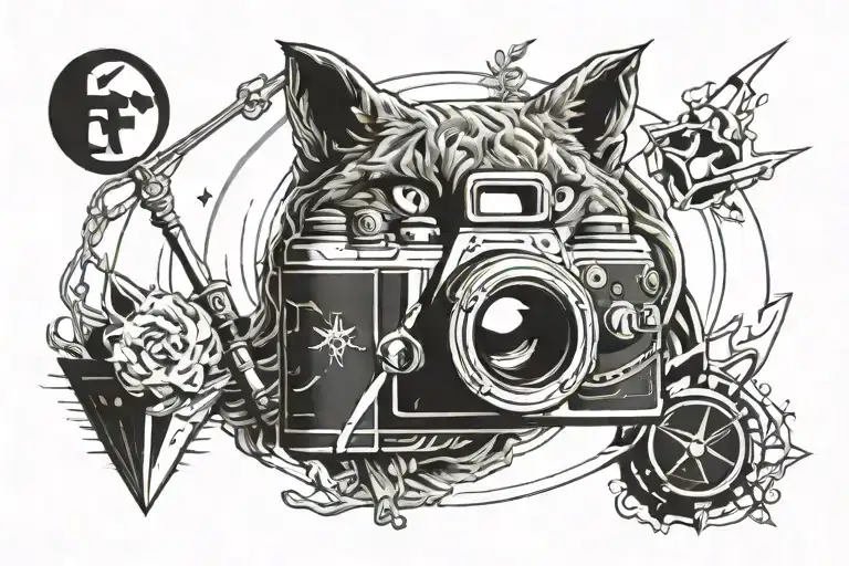mixture of camera shutter and sagittarius sign fire elements and lynx tattoo design idea