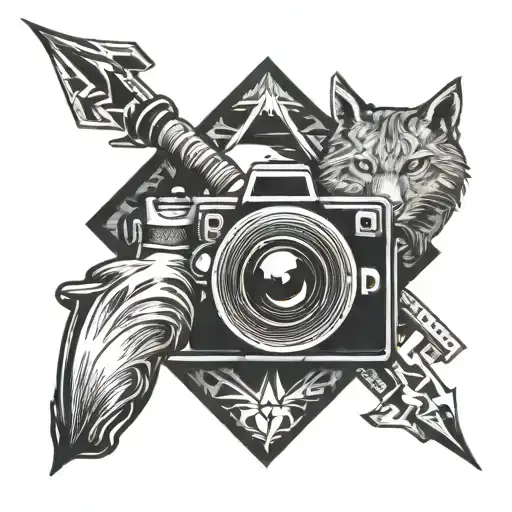 mixture of camera shutter and sagittarius sign fire elements and lynx tattoo design idea