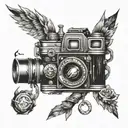 mixture of camera shutter and sagittarius sign fire elements and lynx tattoo design idea