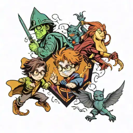 Harry potter and friends fight against the Avengers tattoo design idea