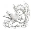 baby angel holding book tattoo design idea