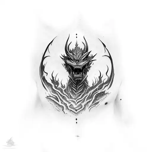 a heavily black ink contouring side stomach tattoo with Alduin from Skyrim  tattoo design idea
