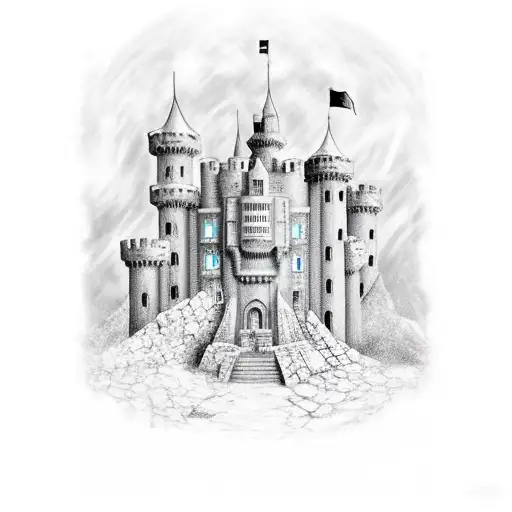 a knight looks on his castle which is destroyed tattoo design idea