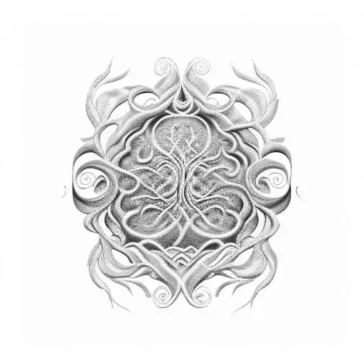 An intricate blackwork tattoo of a dancing figure with flowing movements and graceful lines, surrounded by elements of nature like flowers and vines. tattoo design idea
