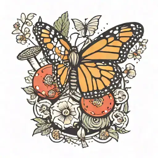 monarch butterfly on a pickle ball surrounded by mushrooms tattoo design idea