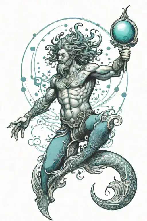 Poseidon, involving a single merman and the light use of turquoise and blues but mainly a black tattoo tattoo design idea