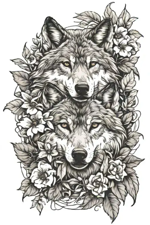 Wolf surroundded with flowers and leaves tattoo design idea