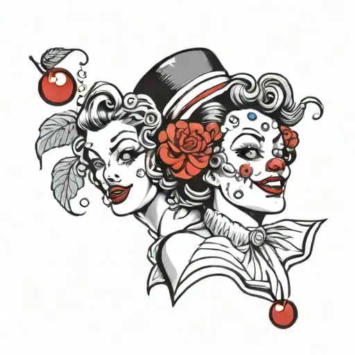 pinup clown cherries surrounded tattoo design idea