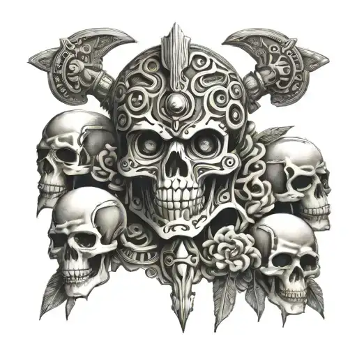 aztec god of death with skulls tattoo design idea