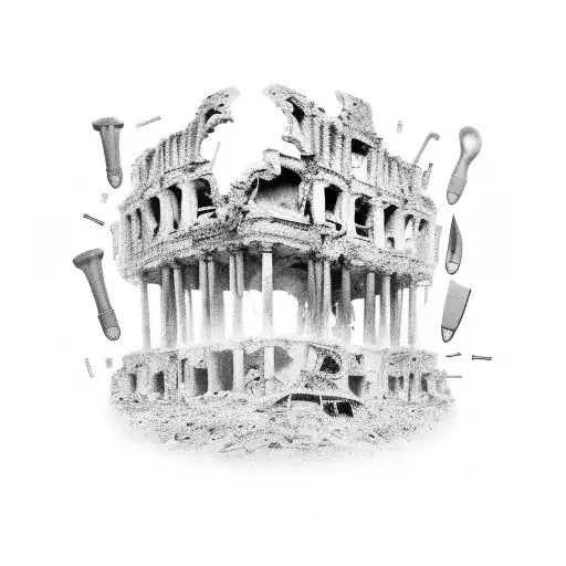 A black-grey tattoo depicting an apocalyptic scene with dental tools scattered among the ruins, and a Bible verse about restoration and rebirth integrated into the design. tattoo design idea