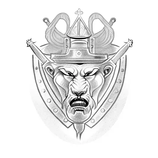 A dotwork tattoo featuring a powerful biblical figure, such as Samson, wearing knight armor and holding a dental mirror instead of a weapon. tattoo design idea