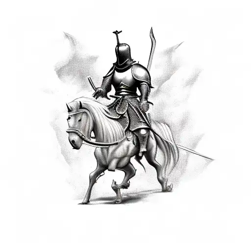 A sketch-style tattoo of a dental knight riding a horse, carrying a sword with a Bible verse written on it, symbolizing the fight against oral health issues. tattoo design idea