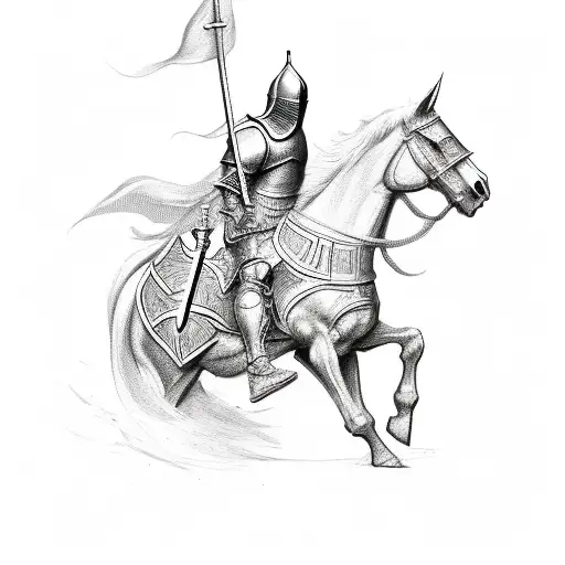 A sketch-style tattoo of a dental knight riding a horse, carrying a sword with a Bible verse written on it, symbolizing the fight against oral health issues. tattoo design idea