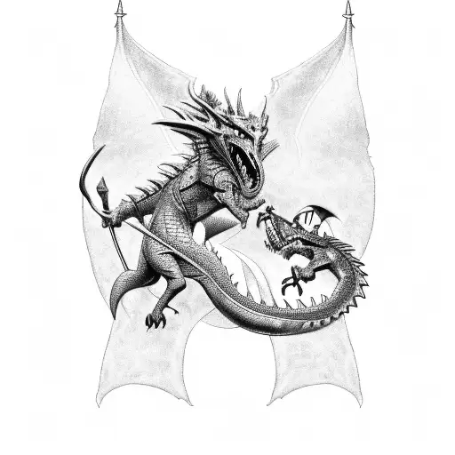 A detailed illustration of a knight battling a dragon, with the Bible verse 'Onward Christian Soldiers' incorporated into the design. tattoo design idea