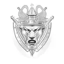 A dotwork tattoo featuring a powerful biblical figure, such as Samson, wearing knight armor and holding a dental mirror instead of a weapon. tattoo design idea