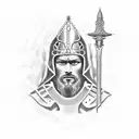 A dotwork tattoo featuring a powerful biblical figure, such as Samson, wearing knight armor and holding a dental mirror instead of a weapon. tattoo design idea