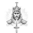 A dotwork tattoo featuring a powerful biblical figure, such as Samson, wearing knight armor and holding a dental mirror instead of a weapon. tattoo design idea