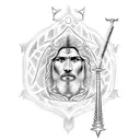 A dotwork tattoo featuring a powerful biblical figure, such as Samson, wearing knight armor and holding a dental mirror instead of a weapon. tattoo design idea