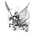 A detailed illustration of a knight battling a dragon, with the Bible verse 'Onward Christian Soldiers' incorporated into the design. tattoo design idea
