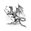 A detailed illustration of a knight battling a dragon, with the Bible verse 'Onward Christian Soldiers' incorporated into the design. tattoo design idea