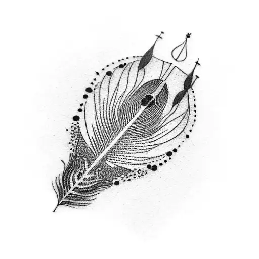 A dotwork tattoo of a peacock feather with each eye representing a different religious site in India that you visited tattoo design idea
