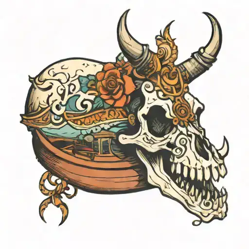 A buffalo skull with a canal and a boat tattoo design idea