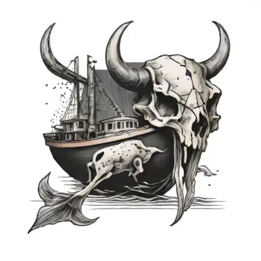 A buffalo skull with a canal and a boat tattoo design idea