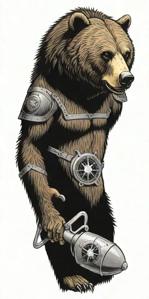 Armor incorporating a compass, angry grizzly bear, pipe wrenches, spatulas tattoo design idea