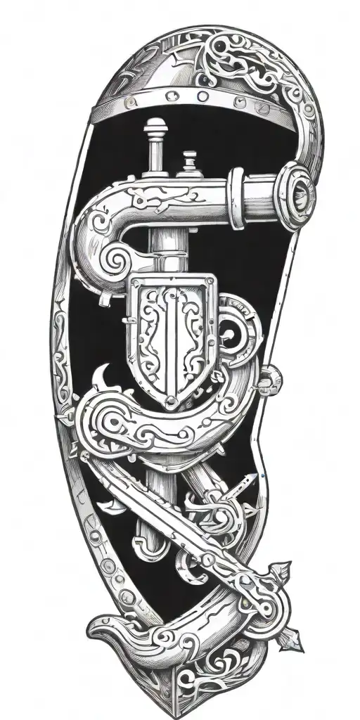 A pipefitter's tools arranged in a medieval shield shape tattoo design idea