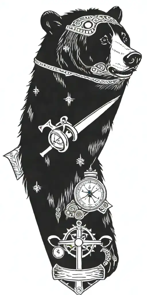 Armor incorporating a compass,grizzly bear,pipe wrenches, spatulas tattoo design idea