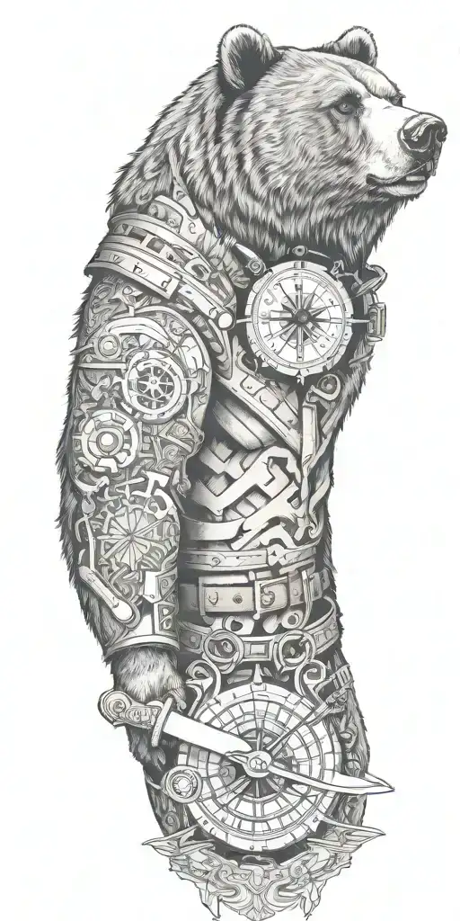 Armor incorporating a compass,grizzly bear,pipe wrenches, spatulas tattoo design idea